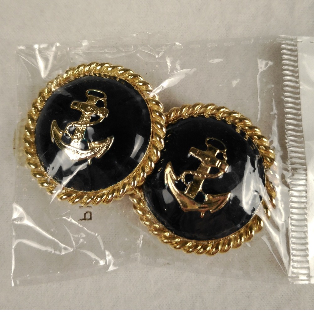 New Gold Anchor Clip‎ On Earrings Black Round Nautical Womens Fashion Jewelry